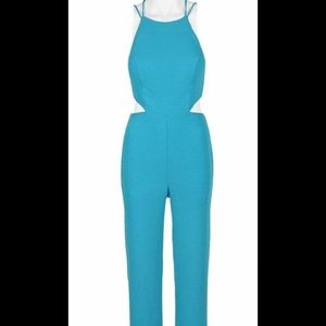 AIDAN MATTOX teal sleeveless halter jumpsuit with back ties